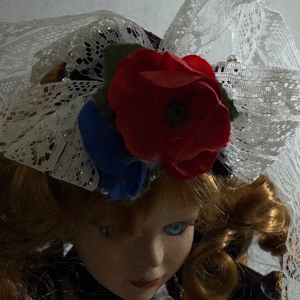 VTG Porcelain Doll‎ Auburn Hair Blue Eyes Victorian Dress Miniature Umbrella
